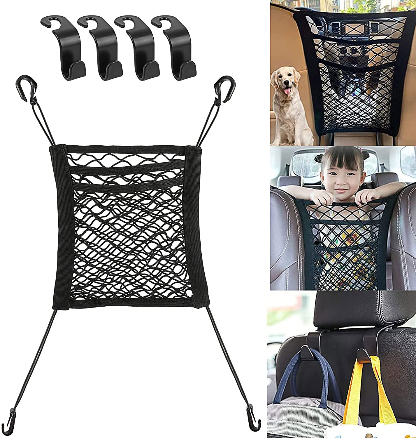 VIPITH 3 Layer Car Mesh Organizer Seat with 4 Hooks Seat Back Net Bag Purse  Holder for Car Barrier of Pet Kids Tissue Purse Holder Driver Storage  Netting Pouch